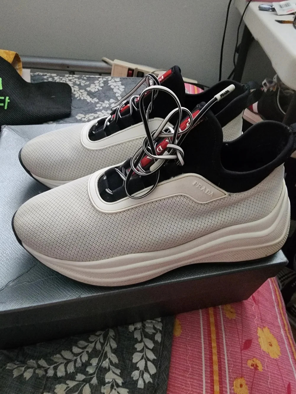 Prada White Black and Red Slip-On Athletic Sneakers